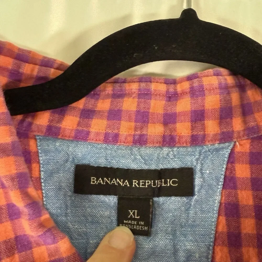 Banana Republic Linen Blend Button Down Shirt Men's XL Purple Orange Short Slv